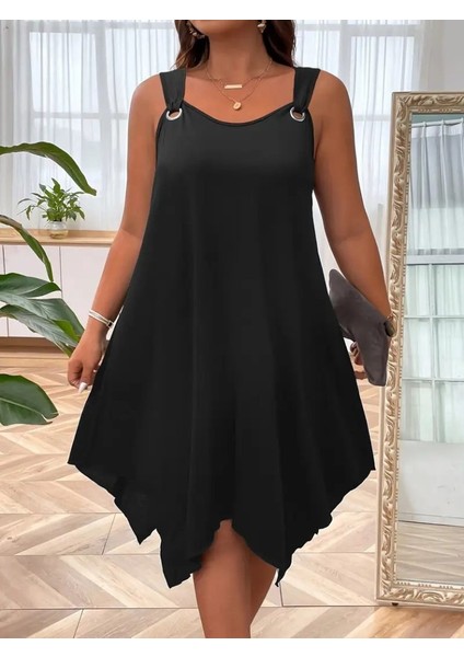 Kadın Askılı Yuvarlak Yaka Kuş Gözü Detaylı Asimetrik Viskon Elbise fiyatları