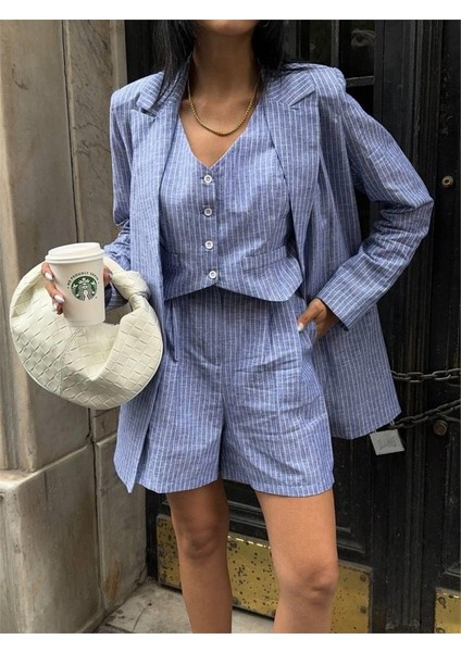 Çizgili Keten Ceket Yelek Şort Tk - Mavi modelleri