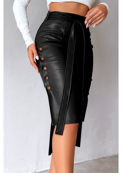 Buğrahayalin Kadın Yüksek Bel Kuşaklı Yanlardan Düğmeli Mini Deri Etek fiyatları