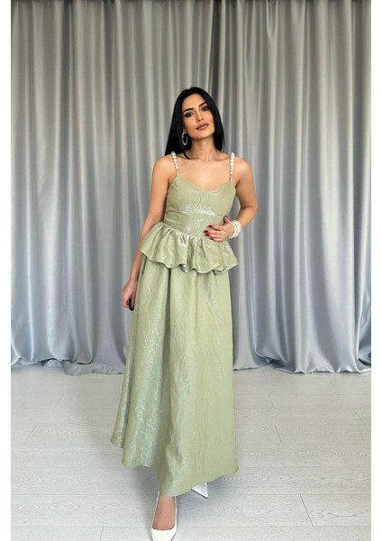 Yeşil Beli Büzgülü Inci Askılı Uzun Elbise modelleri