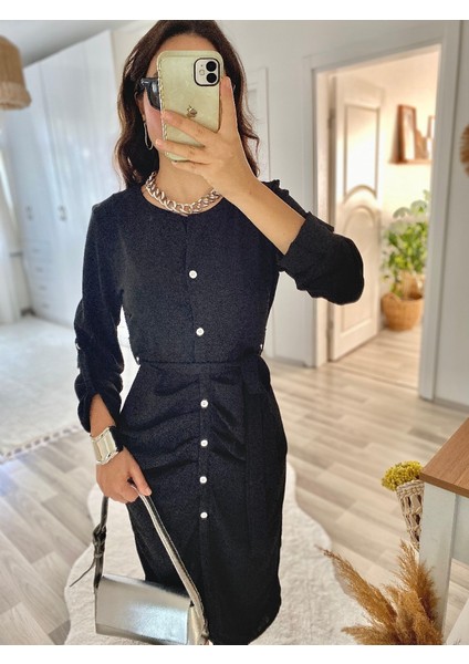 Kadın Uzun Kollu Önden Düğmeli Beli Kuşaklı Aerobin Midi Elbise