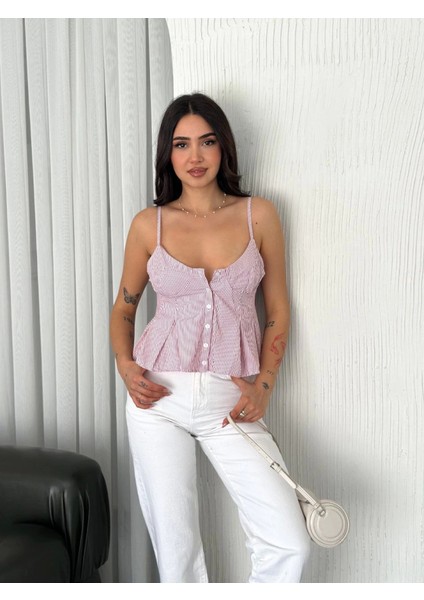 Askılı Dekolte Deraylı Crop - Kırmızı