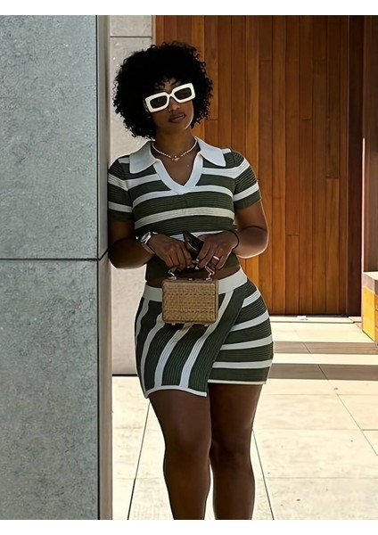 Kadın Kısa Kollu Polo Yaka Crop Asimetrik Mini Triko Etek Ikili Takım