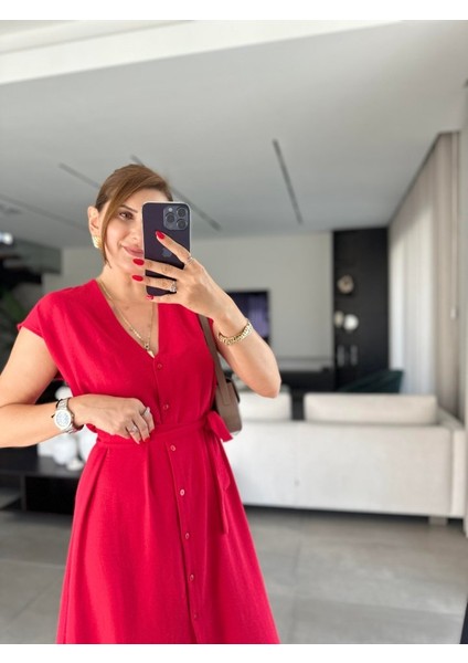 Kadınn V Yaka Düğme Detay Kuşak Dahil Elbise fiyatları