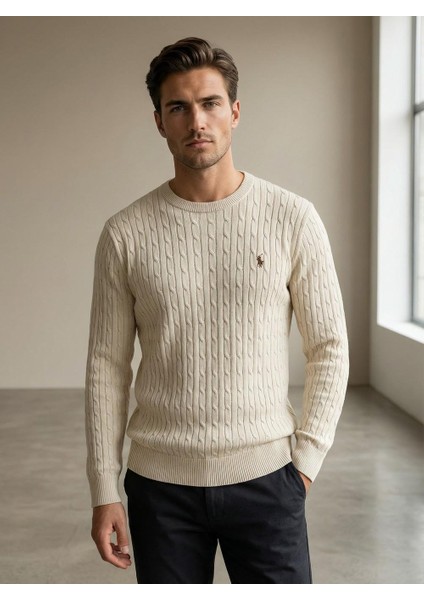 Erkek Silimfit Kesim Örme Kazak Bej