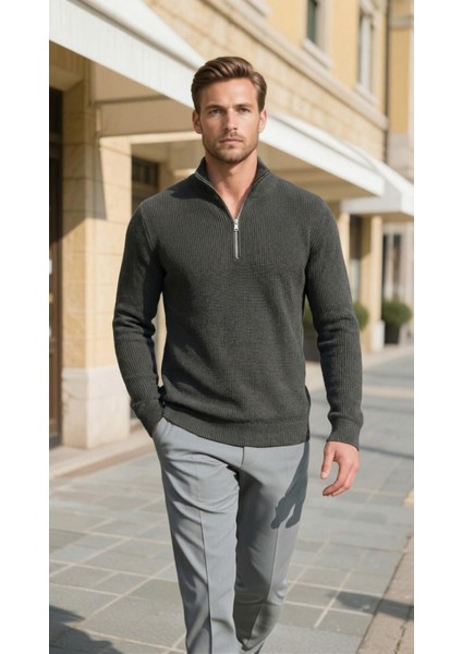 Erkek Yarım Fermuarlı Kazak Siyah