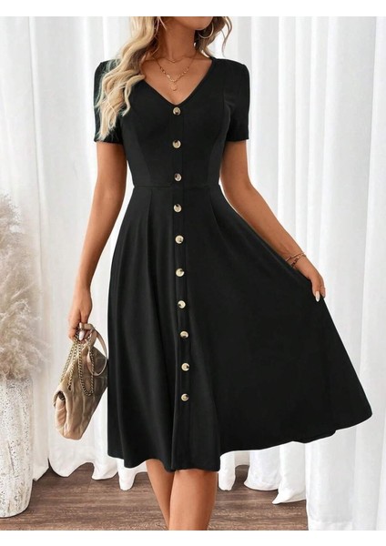 Kadın Kısa Kollu V Yakalı Önden Düğmeli A Kesim Dokuma Elbise fiyatları