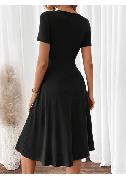 Kadın Kısa Kollu V Yakalı Önden Düğmeli A Kesim Dokuma Elbise modelleri