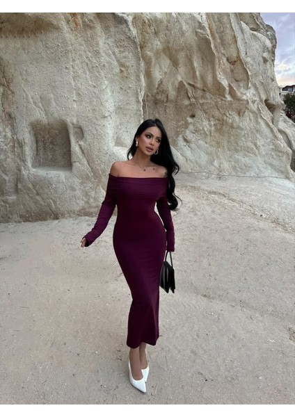 Kadın Uzun Kollu Madonna Yaka Midi Boy Elbise