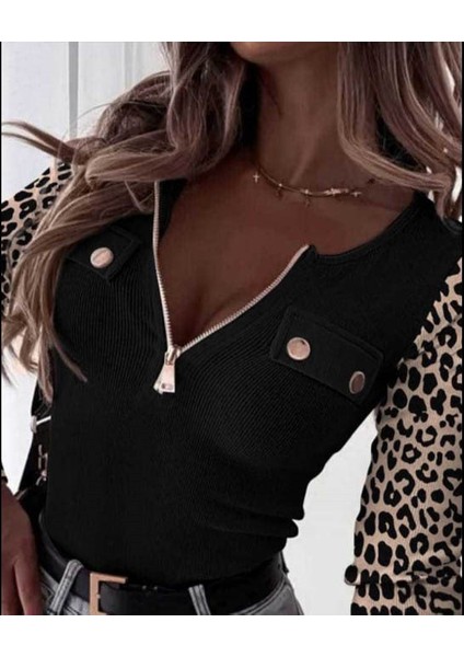 Kadın Uzun Kollu Leopar Desenli Fermuarlı Önden Cep ve Düğme Detaylı Kaşkorse Bluz fiyatları