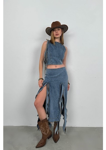 Fırfır Detay Denim Bluz