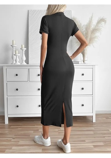 Kadın Yarı Balıkçı Yaka Yırtmaçlı Dalgıç Midi Elbise modelleri