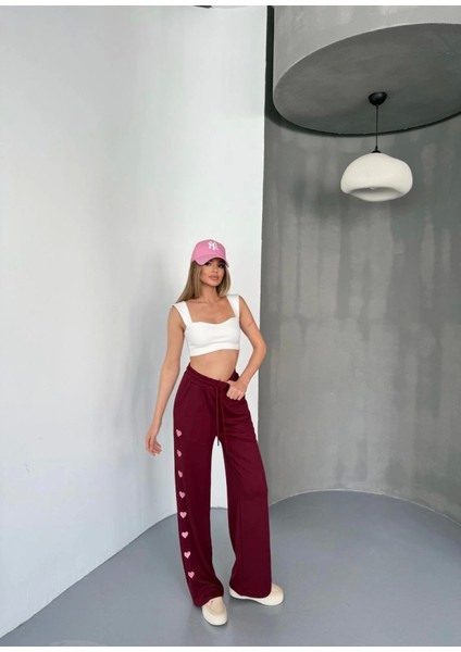 Osy Modal Yumuşak Dokulu Kumaş Nakış Işlemeli Rahat Bol Paça Eşofman Pantalon - Bordo