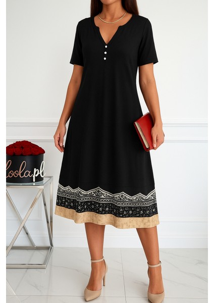 Kadın Kısa Kollu V Yakalı Etek Ucu Desenli Viskon Elbise