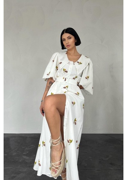 Kahverengi Yakası Çiçek Motifli Kemerli Elbise fiyatları