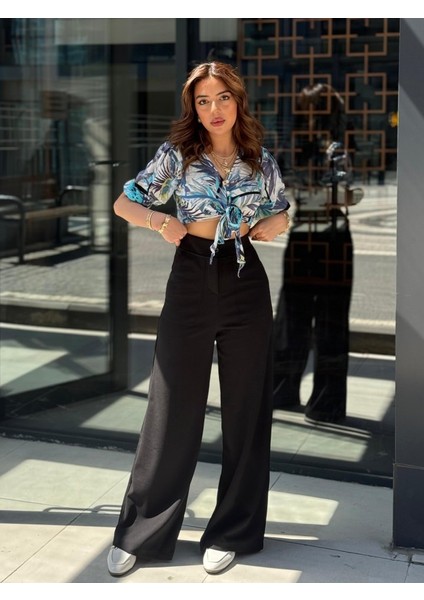 Kadın Yüksek Bel Geniş Paça Detaylı Cepli Ithal Krep Pantolon fiyatları