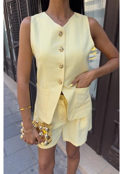 Gold Düğme Detaylı Yelek Şort Cotton Takım 10208