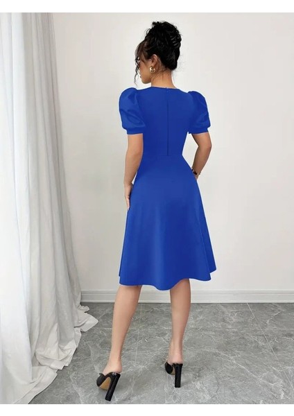 Kadın Kısa Kollu Bisiklet Yaka Önden Düğmeli Ithal Krep Elbise