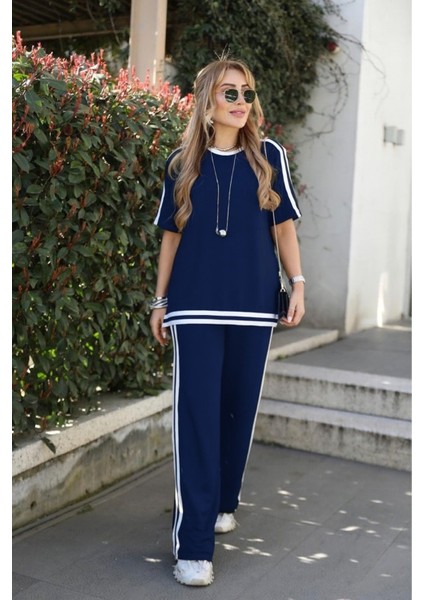 Kadın Kısa Kollu Bisiklet Yaka Çift Renk Şerit Detaylı Viskon Iki Iplik Bluz ve Pantolon Ikili Takım