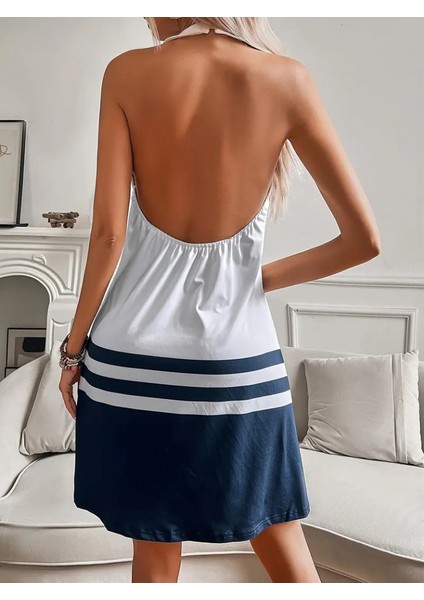 Kadın Askılı Çıpa Baskılı Sırtı Açık Kısa Süprem Elbise modelleri
