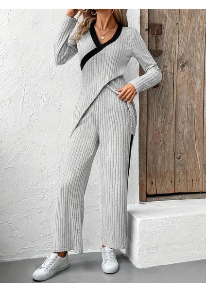 Kadın Uzun Kollu V Yakalı Çapraz Detaylı Şardonlu Kaşkorse Bluz ve Pantolon Ikili Takım