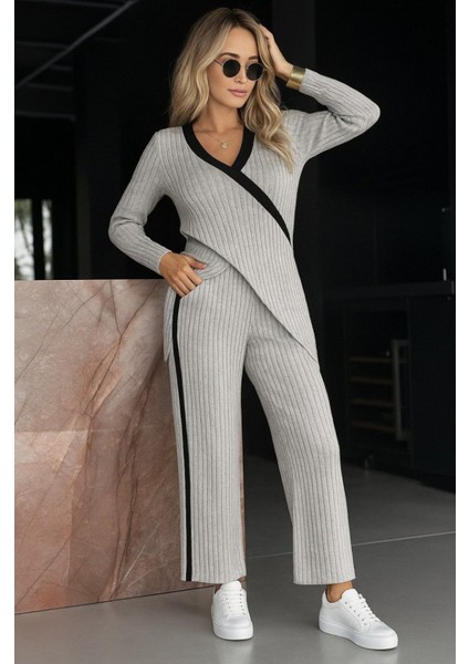Kadın Uzun Kollu V Yakalı Çapraz Detaylı Şardonlu Kaşkorse Bluz ve Pantolon Ikili Takım