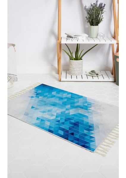 Banyo Halısı Dijital Baskılı Banyo Paspası 50X80 Polyester Kaymaz Tabanlı Duş Paspası Blue Square