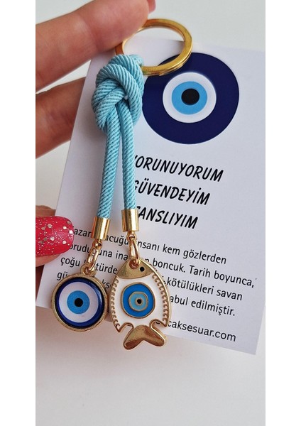 Hediyelik Çift Nazar Boncuklu Açık Mavi Şans Balık Anahtarlık 10,5 cm