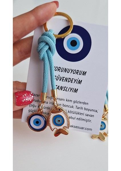 Hediyelik Çift Nazar Boncuklu Açık Mavi Şans Balık Anahtarlık 10,5 cm modelleri