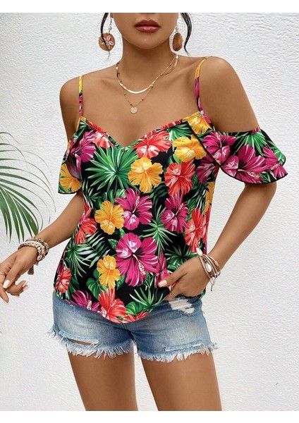 Kadın Askılı Omuzlardan Açık Çiçek Baskılı Bluz fırsatları