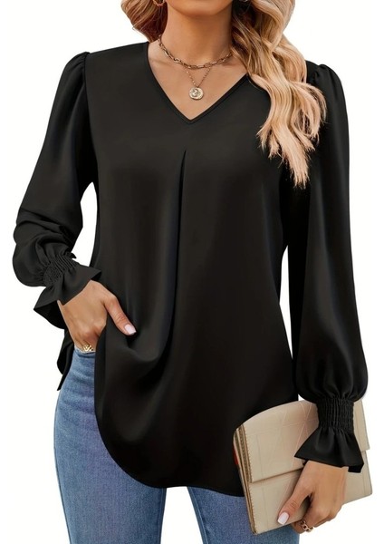 Kadın Uzun Kollu V Yakalı Salaş Ithal Krep Bluz fiyatları