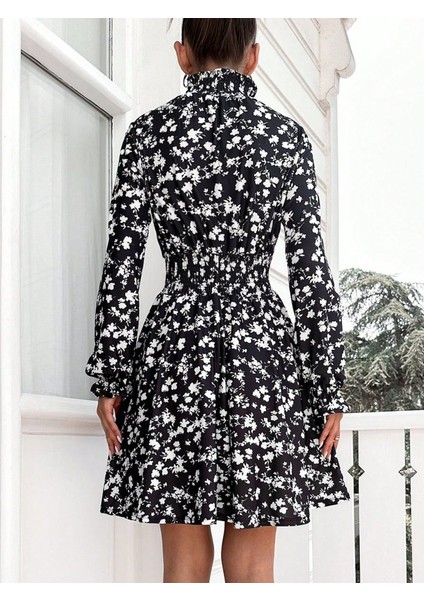 Kadın Uzun Kollu Balıkçı Yaka Çiçek Baskılı Helen Kumaş Elbise