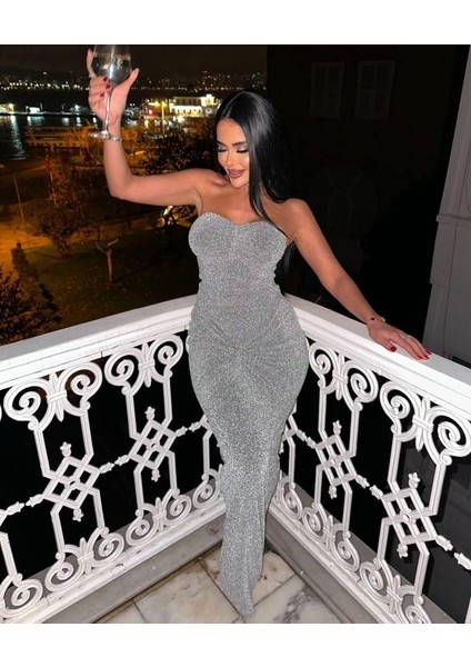 Straplez Simli Uzun Elbise