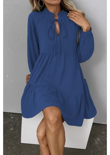 Kadın Uzun Kollu Yakadan Bağcıklı Fırfırlı Keten Mini Elbise fiyatları