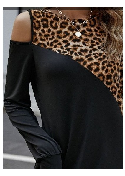 Kadın Uzun Kollu Omuzdan Açık Leopar Desenli Viskon Iki Iplik Mini Elbise modelleri