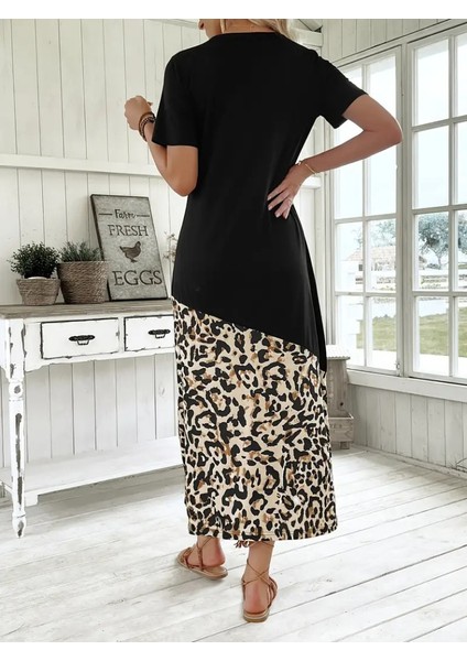 Kadın Kısa Kollu Bisiklet Yaka Leopar Detaylı Midi Üst Viskon Alt Süprem Elbise