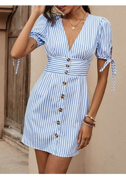 Kadın Kısa Bağcıklı Kol Kruvaze Yaka Önden Düğmeli Kısa Poplin Elbise fiyatları