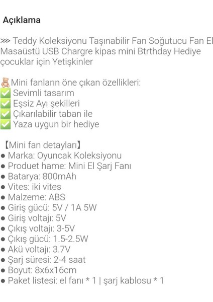 Teddy Koleksiyonu Taşınabilir Fan Soğutucu Mini El Tipi Hız Kademeli USB Şarjlı Çocuk-Yetişkin