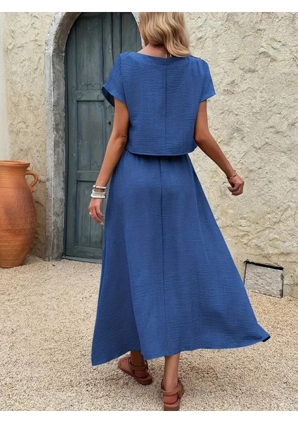 Kadın Kısa Kollu Bisiklet Yaka Bluz Etekli Ithal Keten Ikili Takım indirimleri