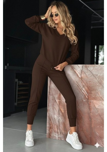 Kadın Uzun Kollu V Yakalı Viskon Iki Iplik Bluz ve Pantolon Ikili Takım