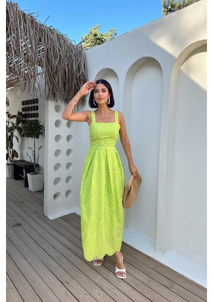 Yağ Yeşili Askılı Aparatlı Brode Elbise fiyatları