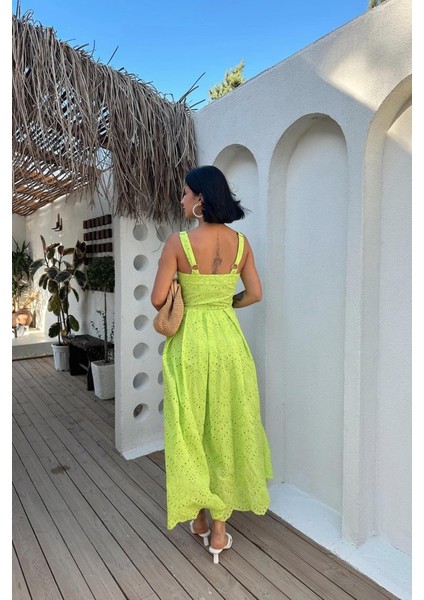 Yağ Yeşili Askılı Aparatlı Brode Elbise modelleri