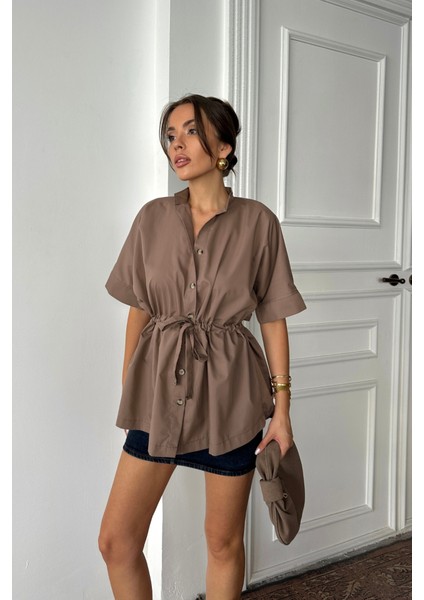 Bel Büzgü Detaylı Poplin Gömlek - Kahverengi modelleri