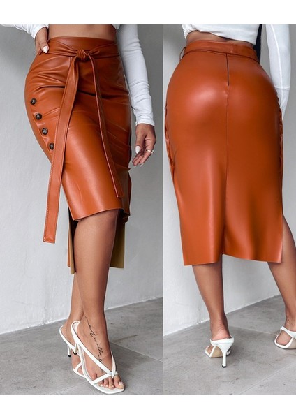 Buğrahayalin Kadın Yüksek Bel Kuşaklı Yanlardan Düğmeli Mini Deri Etek