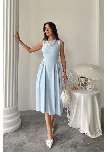 Mavi Yanları Büzgülü Midi Boy Keten Elbise modelleri