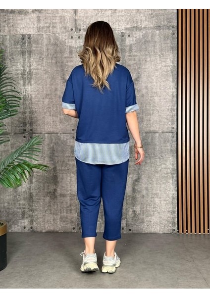 Kadın Modal Kumaş Çizgili Gömlek Yaka Ikili Takım modelleri
