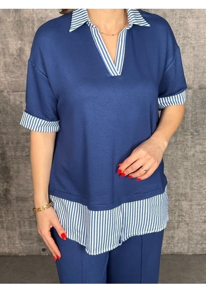 Kadın Modal Kumaş Çizgili Gömlek Yaka Ikili Takım fırsatları