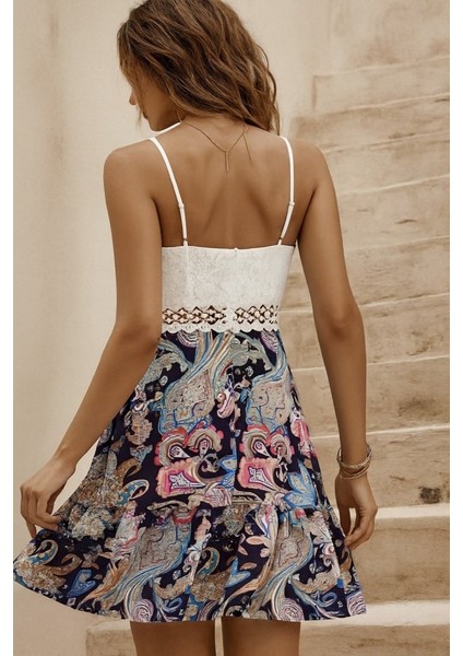 Kadın Askılı V Yakalı Üst Dantel Alt Süprem Mini Elbise modelleri