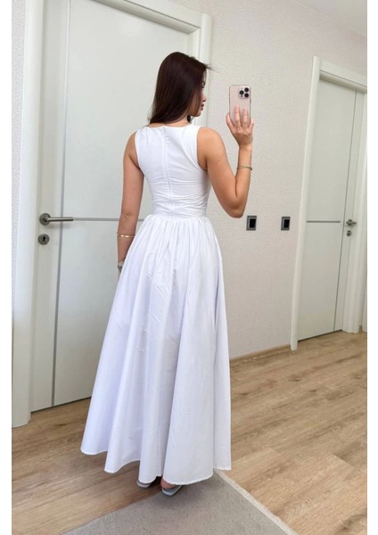 Sifir Kol Beli Oturtmalı Kolsuz Uzun Elbise - Beyaz modelleri