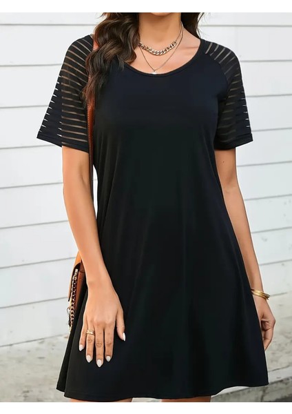 Kadın Kısa Kollu Yuvarlak Yaka Şerit Kol Detaylı Viskon Elbise fırsatları